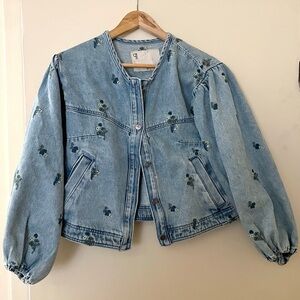 SOLD NWT Anthropologie XS Pilcro Collarless Embroidered Denim Swing Jacket